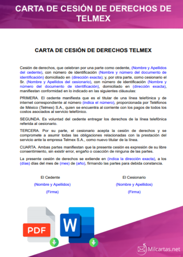 ▷ Modelo de Carta de Cesión de derechos Telmex » en Word