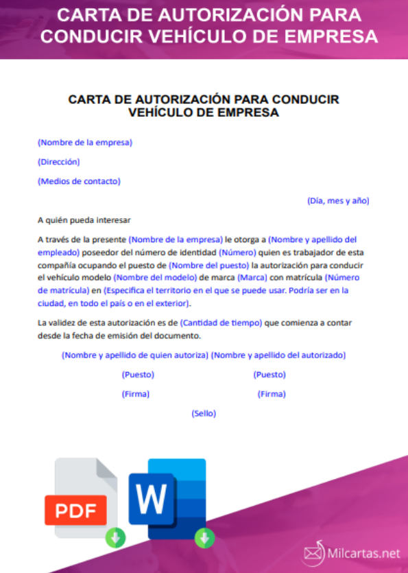 Carta De Autorización Para Conducir Un Vehículo De Empresa 2657